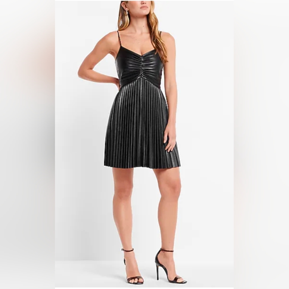 Express Faux Leather V-Neck Pleated Fit And Flare Mini Dress Size S